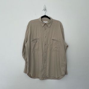 Vintage raw silk button up size 1X mandarin collar beige silk noile plus size